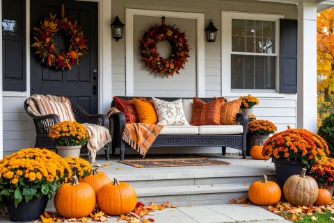 fall porch with pumpkins